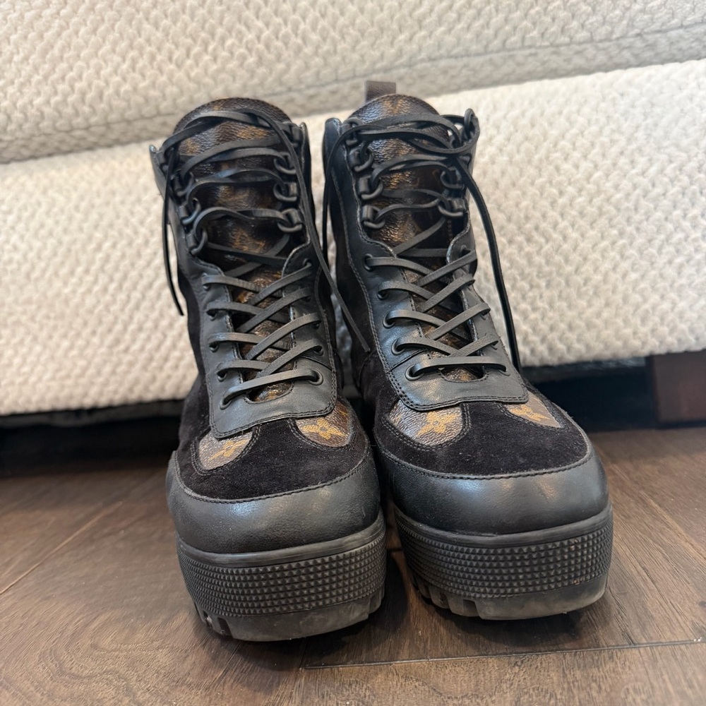 Louis Vuitton Black and Brown Monogram Lace-Up Platform Ankle Boots - Picture 6 of 12
